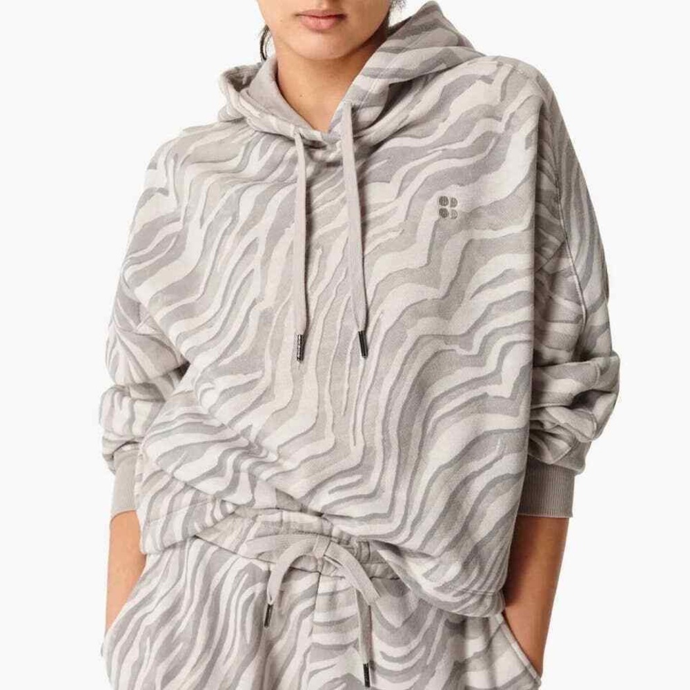 Sweaty Betty Essentials Hoodie Zebra Pullover Boxy Cropped Sweatshirt, XXL Gray - Picture 2 of 10